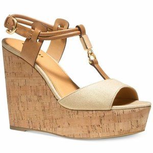 Coach Linden Cork Wedge Sandals Size 8 New With Tags Gold And Cognac Brown